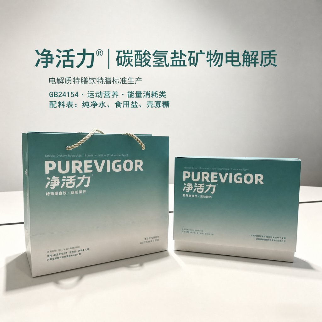 净活力® PUREVIGOR 特殊膳食饮礼盒与手提袋（碳酸氢盐矿物电解质体系） · GB 24154 运动营养食品 · 配料仅纯净水 / 食用盐 / 壳寡糖